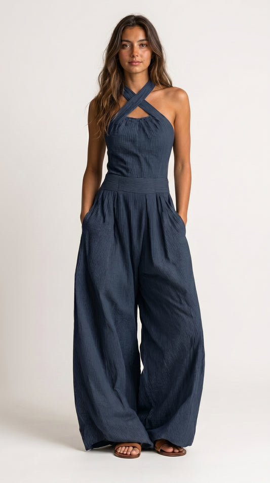 Bianca Cross-Halter Wide-Leg Jumpsuit
