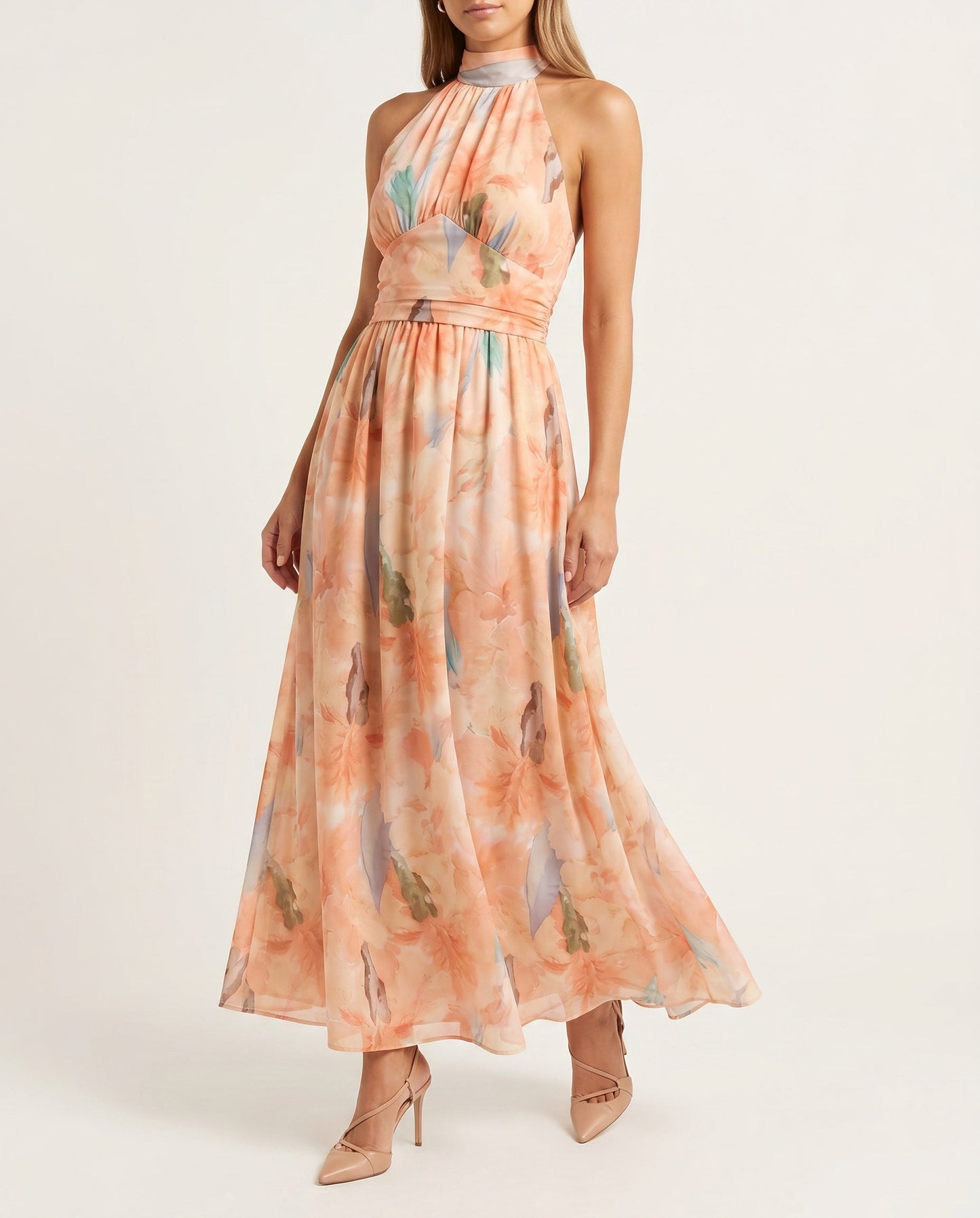 Amélie Peach Halter Maxi Dress
