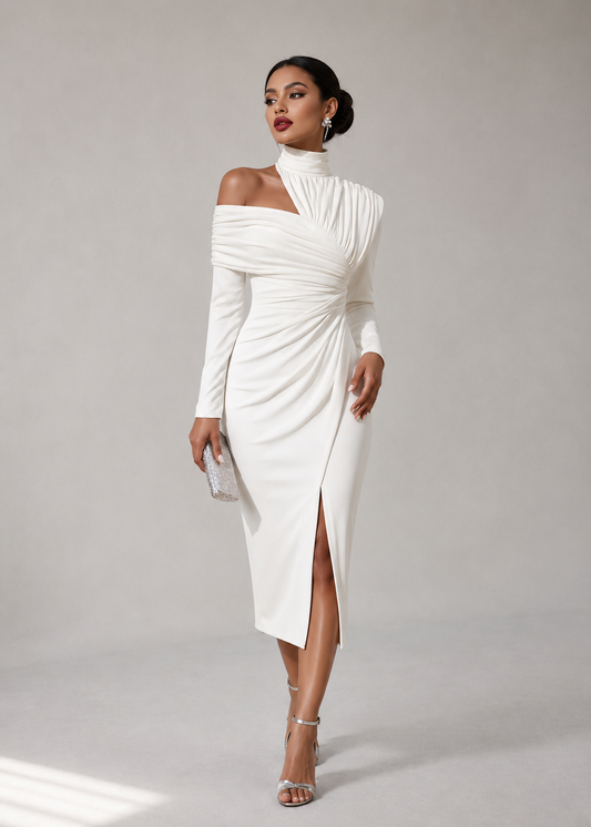 The Celia Asymmetric Halter Midi Dress