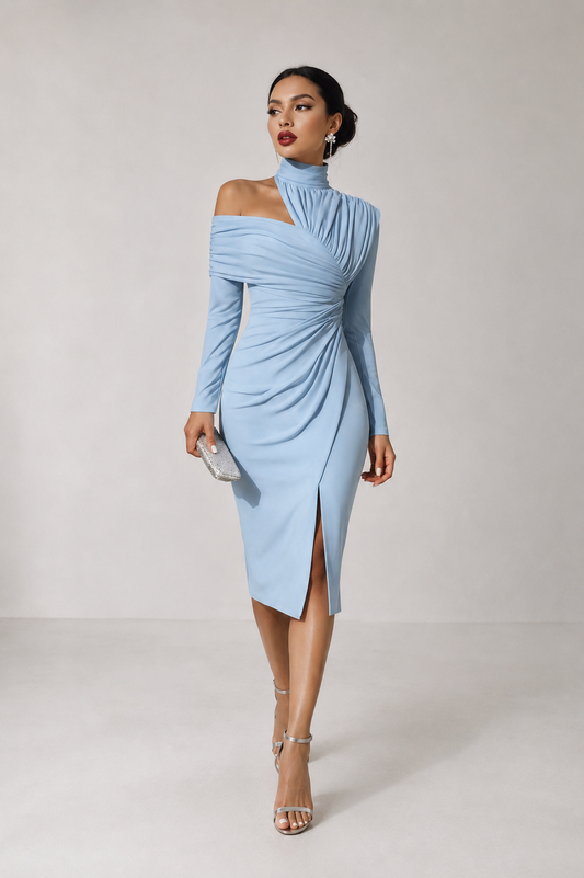 The Celia Asymmetric Halter Midi Dress